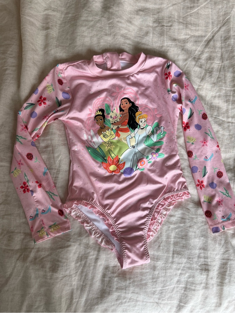 Disney Pink Long-Sleeve Princess One-Piece Swimsuit